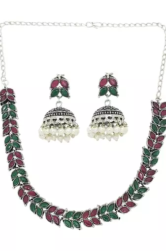 Silver oxidised leaf necklace set