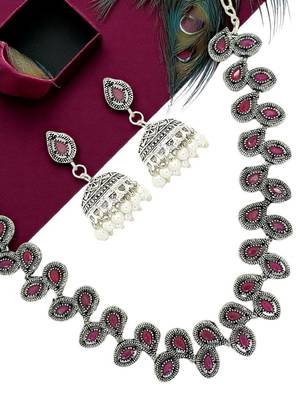 Silver oxidised maroon stone necklace set 1