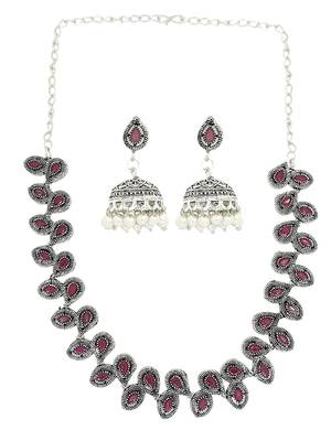 Silver oxidised maroon stone necklace set 2