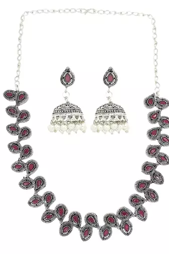 Silver oxidised maroon stone necklace set