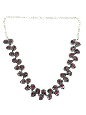 Silver oxidised maroon stone necklace set 3