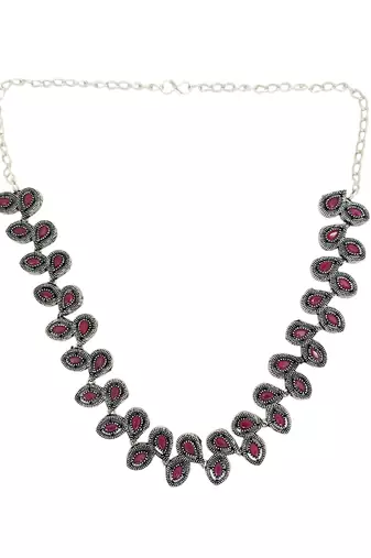 Silver oxidised maroon stone necklace set
