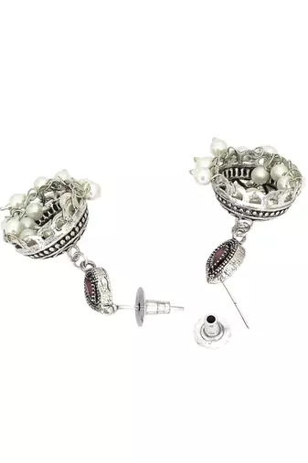 Silver oxidised maroon stone necklace set