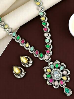 Silver oxidised multicolor stone necklace set 1