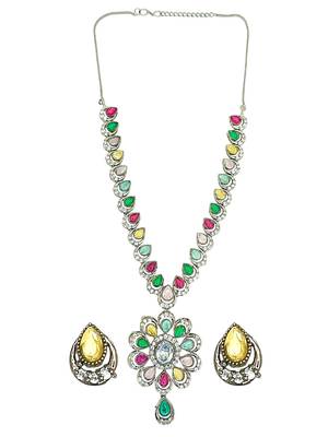 Silver oxidised multicolor stone necklace set 2