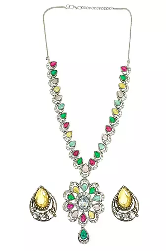 Silver oxidised multicolor stone necklace set