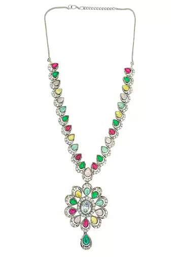 Silver oxidised multicolor stone necklace set