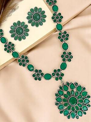 Silver oxidised  green stone long necklace set 1
