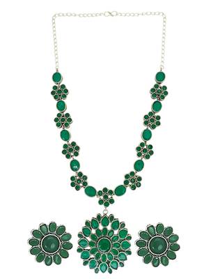 Silver oxidised  green stone long necklace set 2