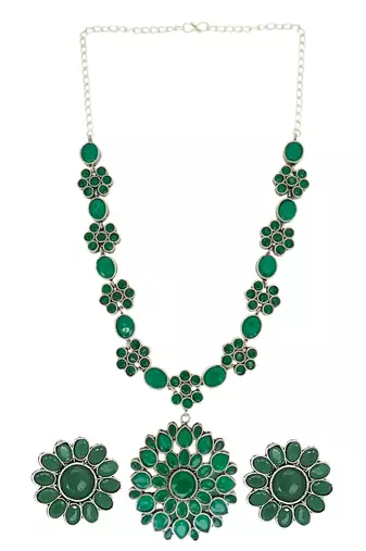 Silver oxidised  green stone long necklace set