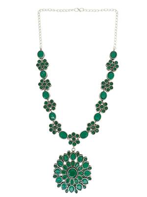 Silver oxidised  green stone long necklace set 3