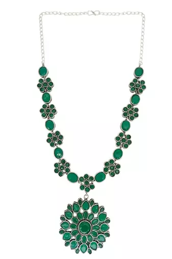 Silver oxidised  green stone long necklace set