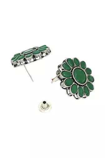 Silver oxidised  green stone long necklace set