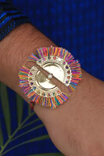 Multicolour tassel rakhi with roli chawal