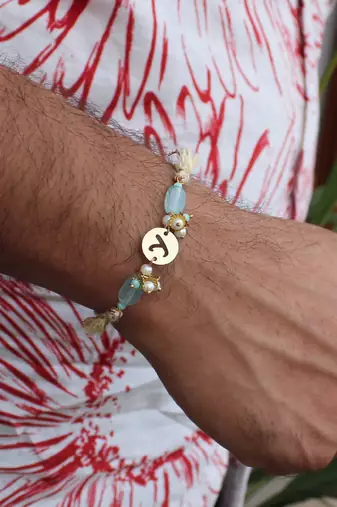 Shades of sea green stones personalised rakhi with roli chawal