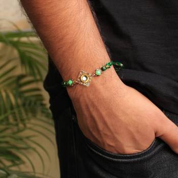 Green kundan with mesh rakhi with roli chawal 3