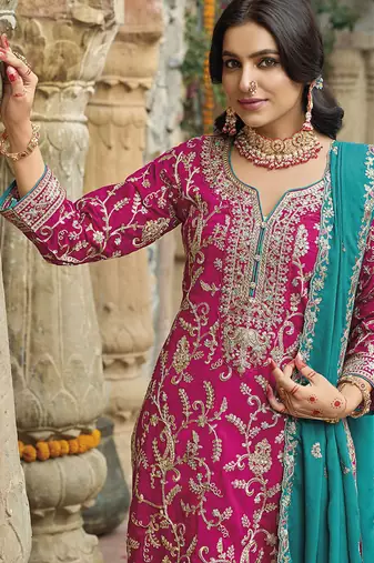 Pink embroidery & sequence work chinon salwar kameez