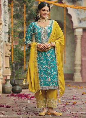 Sea green embroidery & sequence work chinon salwar kameez 1