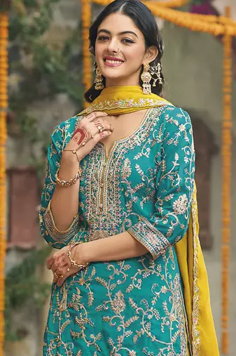 Sea green embroidery & sequence work chinon salwar kameez