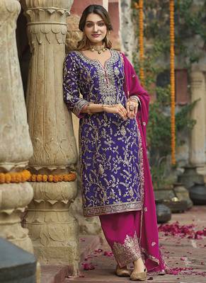 Purple embroidery & sequence work chinon salwar kameez 1