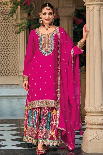Rani pink embroidery & sequence work chinon palazzo