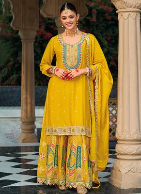 Yellow embroidery & sequence work chinon palazzo 1
