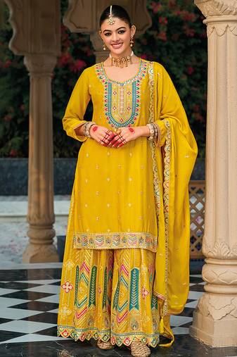 Yellow embroidery & sequence work chinon palazzo