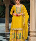 Yellow embroidery & sequence work chinon palazzo