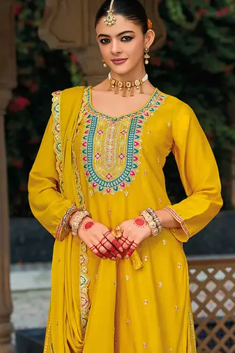 Yellow embroidery & sequence work chinon palazzo