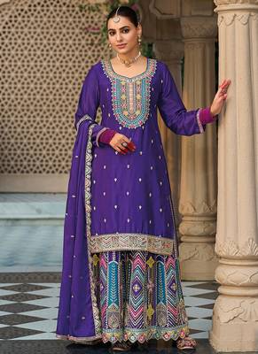 Purple embroidery & sequence work chinon palazzo 1