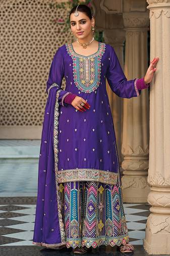 Purple embroidery & sequence work chinon palazzo