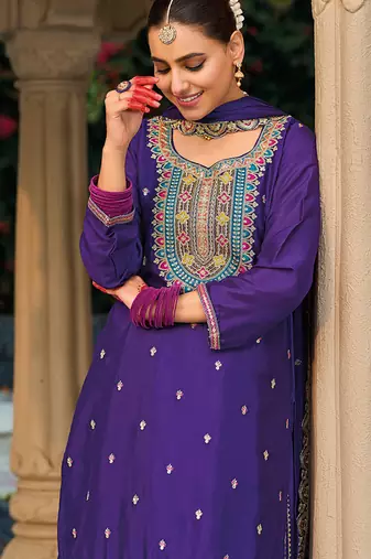 Purple embroidery & sequence work chinon palazzo