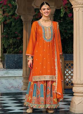 Orange embroidery & sequence work chinon palazzo 1