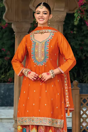 Orange embroidery & sequence work chinon palazzo