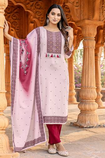 Women Kurta Heavy Rayon Hand work Kurta With Trousers & With Dupatta