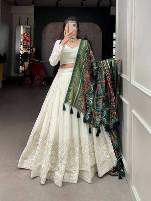 Ivory White Paper Mirror Embroidered Georgette Lehenga with Dupatta and Blouse 5