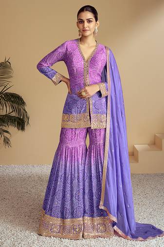 Lavender & purple embroidery & sequence work chinon Sharara ( full stitched free size )