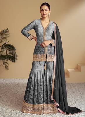 Grey & black embroidery & sequence work chinon Sharara ( full stitched free size ) 1