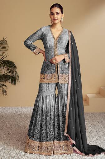 Grey & black embroidery & sequence work chinon Sharara ( full stitched free size )