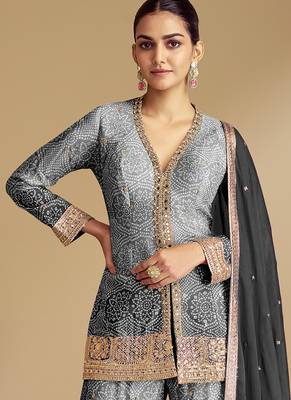 Grey & black embroidery & sequence work chinon Sharara ( full stitched free size ) 2