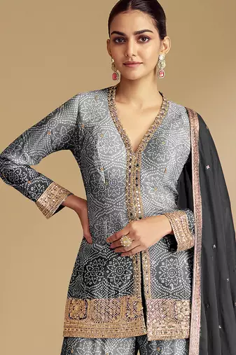 Grey & black embroidery & sequence work chinon Sharara ( full stitched free size )