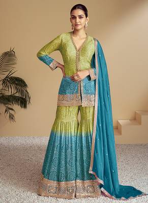 Green & teal blue embroidery & sequence work chinon Sharara ( full stitched free size ) 1