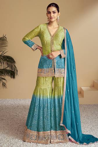 Green & teal blue embroidery & sequence work chinon Sharara ( full stitched free size )
