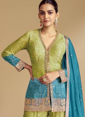 Green & teal blue embroidery & sequence work chinon Sharara ( full stitched free size ) 2