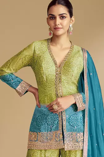 Green & teal blue embroidery & sequence work chinon Sharara ( full stitched free size )