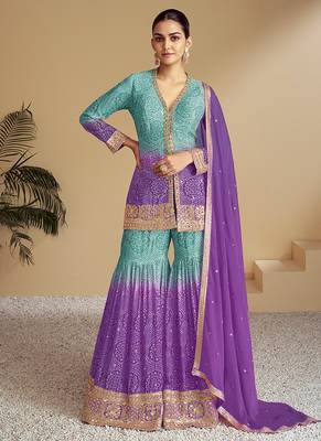Sea green & lavender embroidery & sequence work chinon Sharara( full stitched free size ) 1