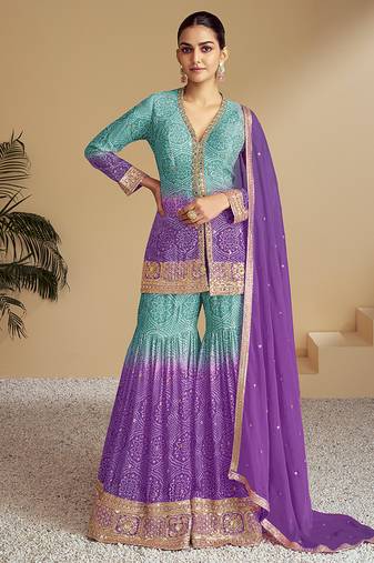 Sea green & lavender embroidery & sequence work chinon Sharara( full stitched free size )
