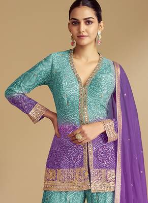 Sea green & lavender embroidery & sequence work chinon Sharara( full stitched free size ) 3