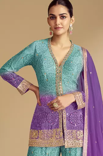 Sea green & lavender embroidery & sequence work chinon Sharara( full stitched free size )