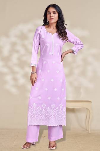 Lavender rayon floral chikankari straight kurta with palazzo